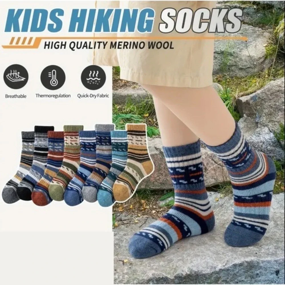 Merino Wool Thermal Thick Warm Cozy Winter Socks 12-15 Boys Retro Striped Soft‎